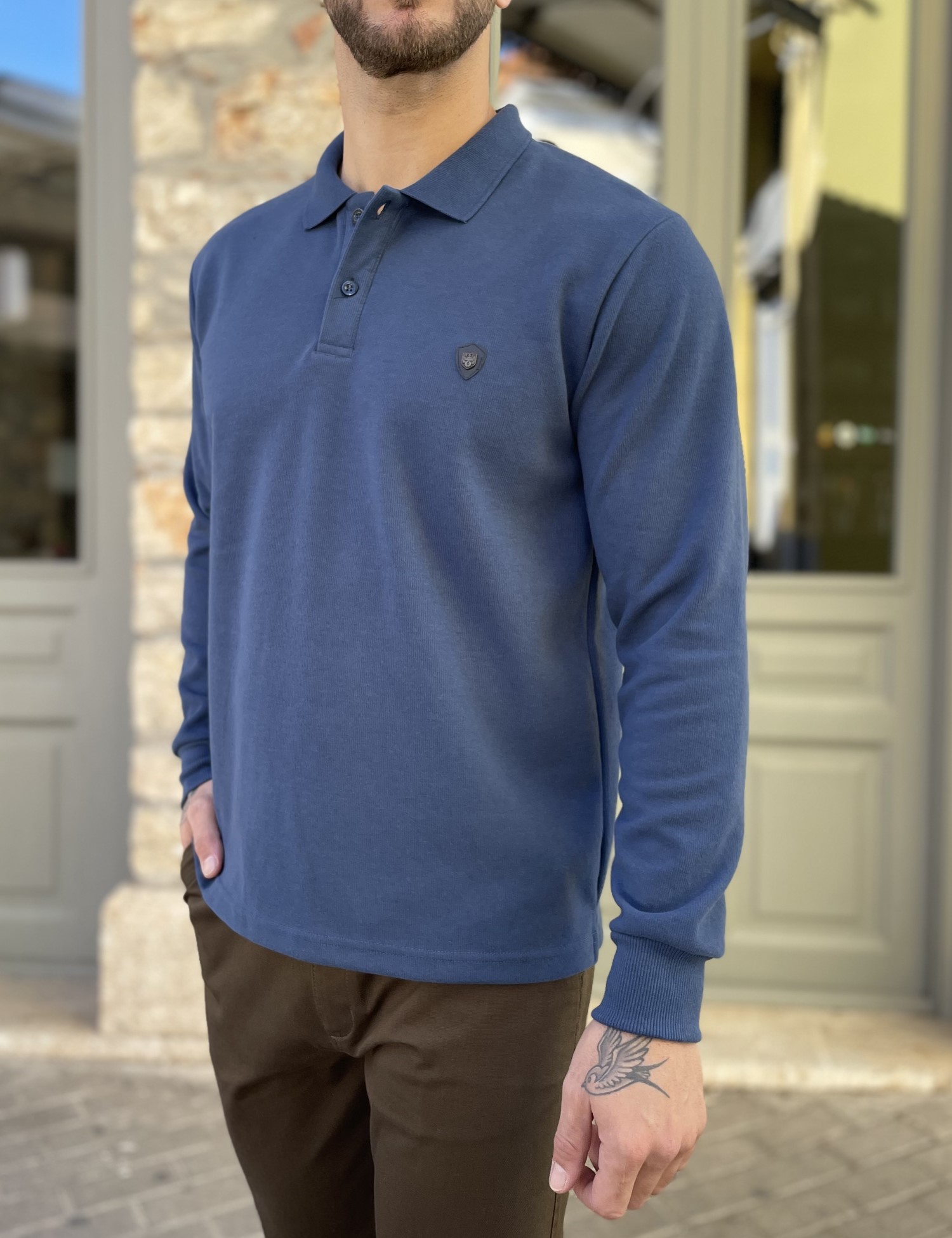 Everbest Ανδρική μπλε Indigo Polo μακρυμάνικη μπλούζα Plus size 261032I φωτογραφία